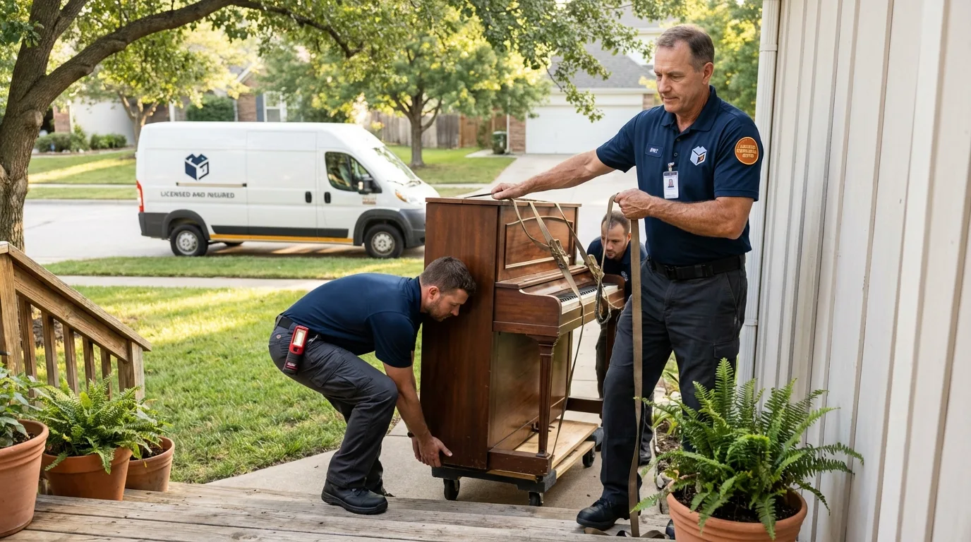 Licensed piano movers securing grand piano in Westbrook, ME