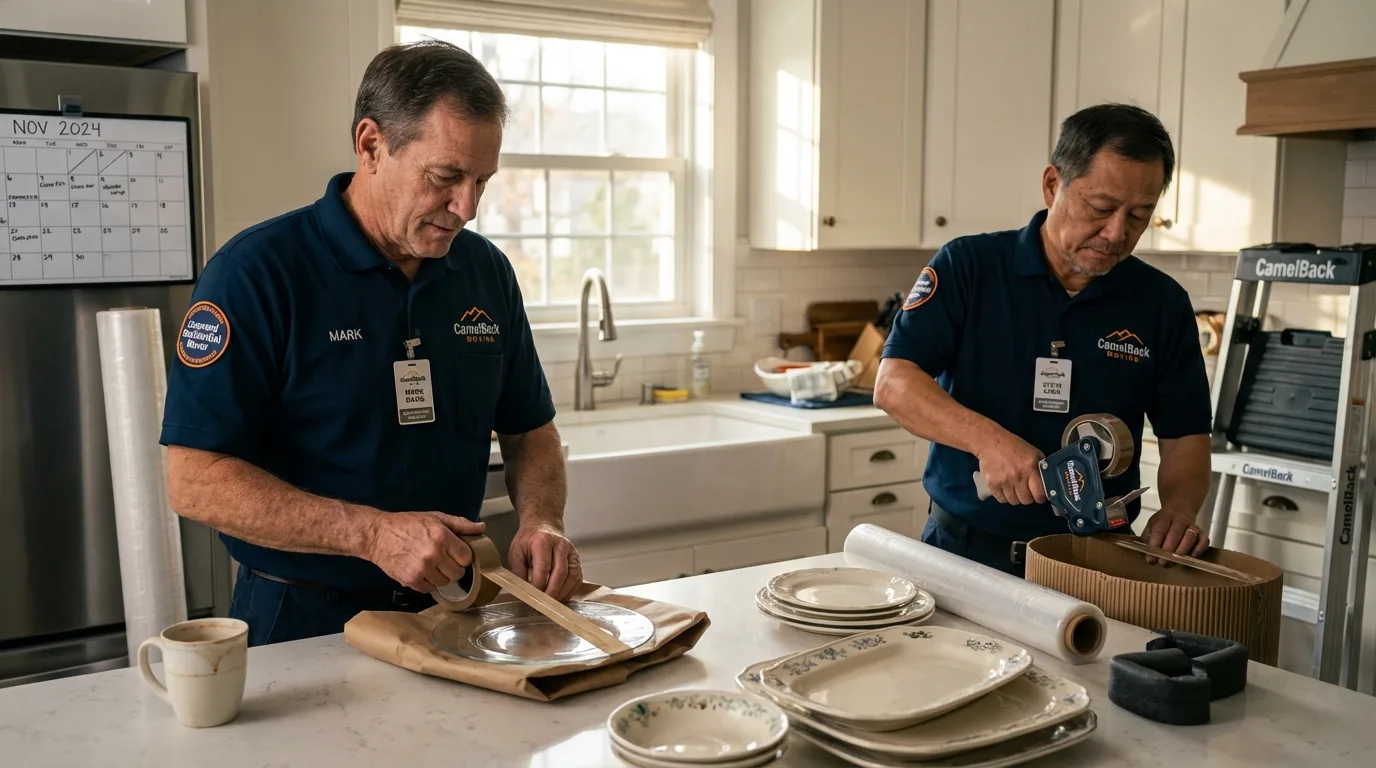 Professional crew packing kitchen dishware in Westbrook, ME